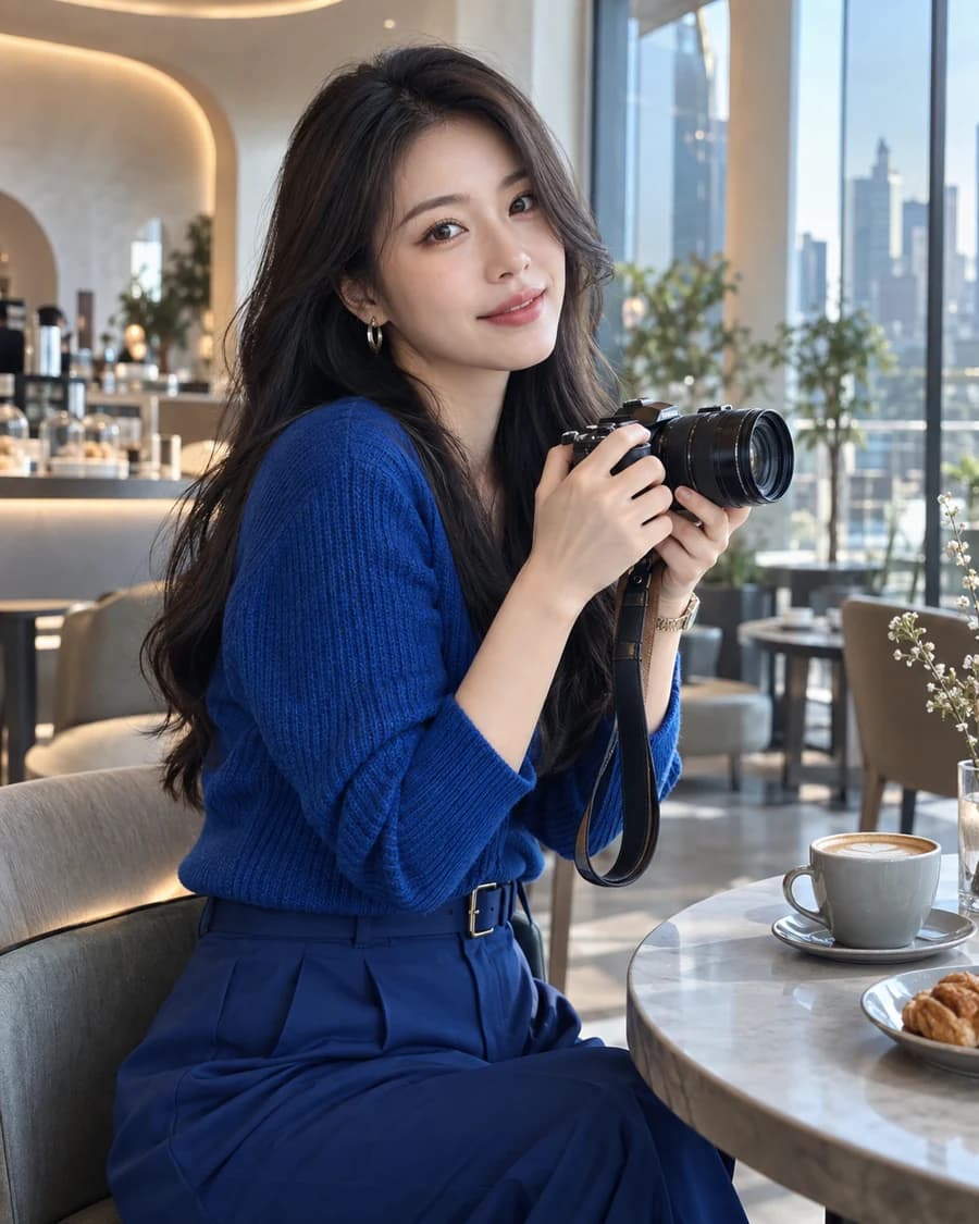 Influencer digital criada com IA em um café contemporâneo