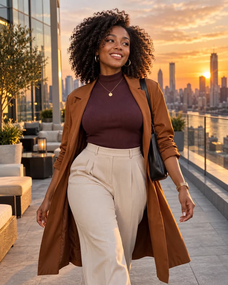 Influencer digital criada com IA em um terraço ao pôr do sol