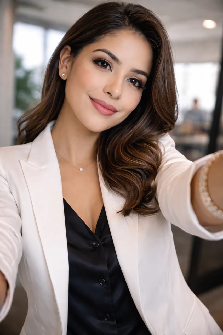 Influencer executiva fazendo uma selfie em ambiente profissional