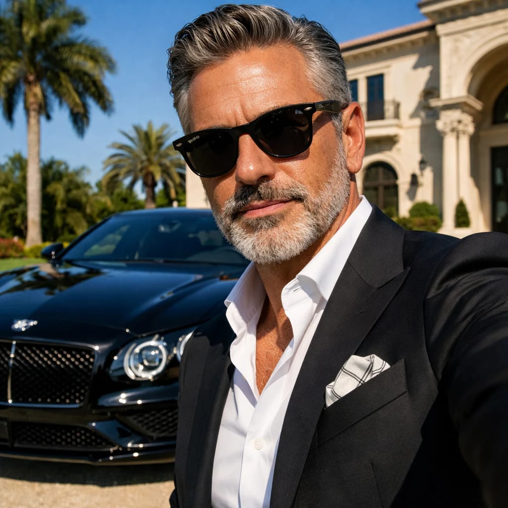 Homem elegante usando óculos escuros ao lado de um carro